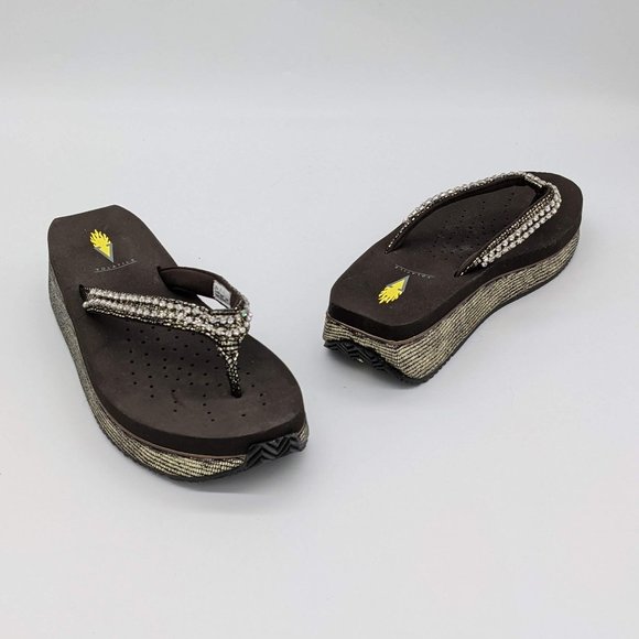 Volatile Brown Platform Metallic Rhinestone Thongs